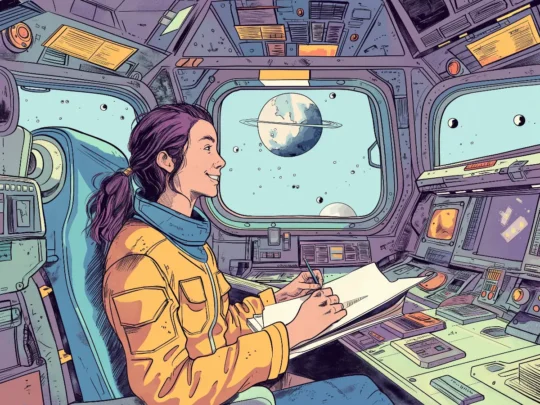 Eine Astronautin schreibt einen Text in ihrem Raumschiff