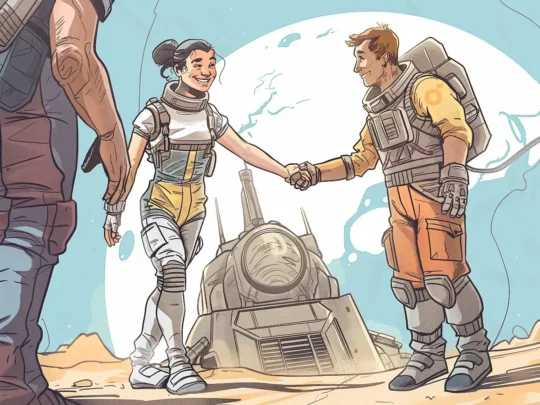 Astronauten gratulieren sich, nach geglückter Mission