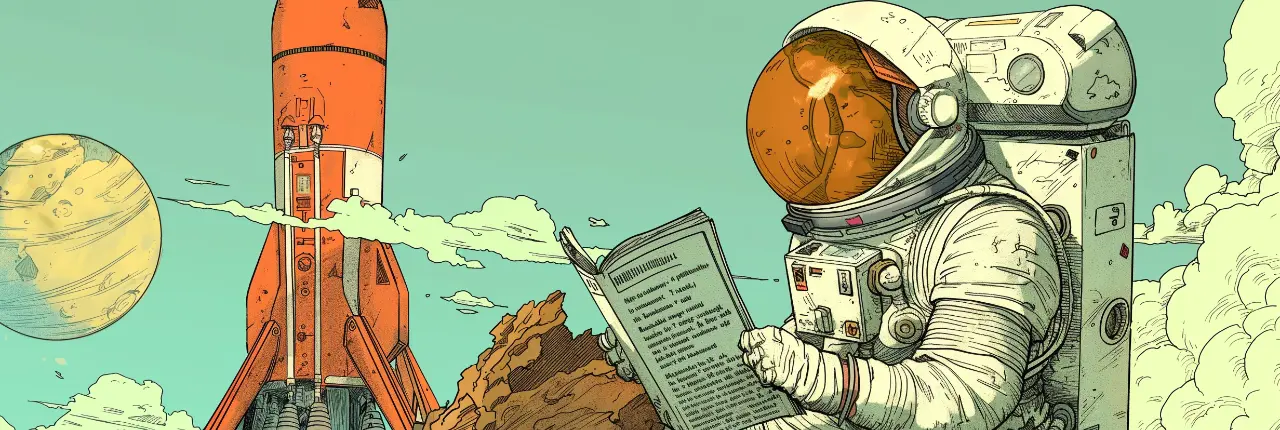 Ein Astronaut liest sitzend eine Anleitung vor seiner Rakete